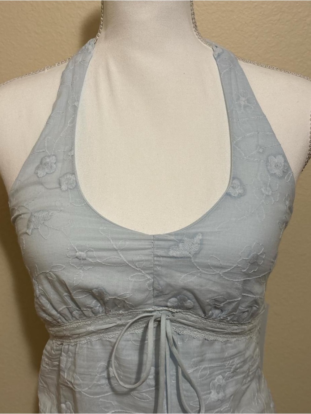 Light Blue Embroidered Halter Mini Dress - Picture 2 of 3